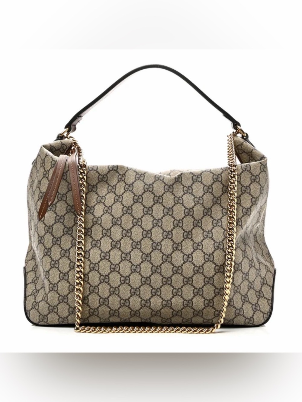 Gucci Hobo Beige GG Supreme Shoulder Bag with Brown Leather and Gold Chain